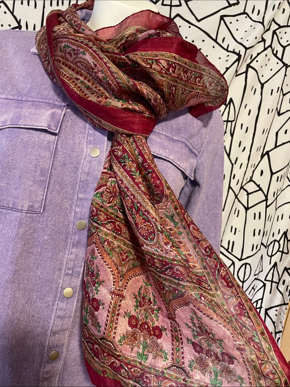 Elegant Burgundy Paisley Silk Scarf